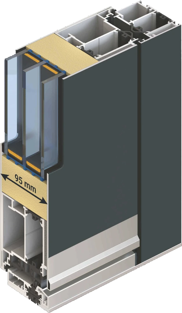 Technischer Schnitt einer Inotherm Aluminiumhaustür mit 95 Millimeter Türblattstärke