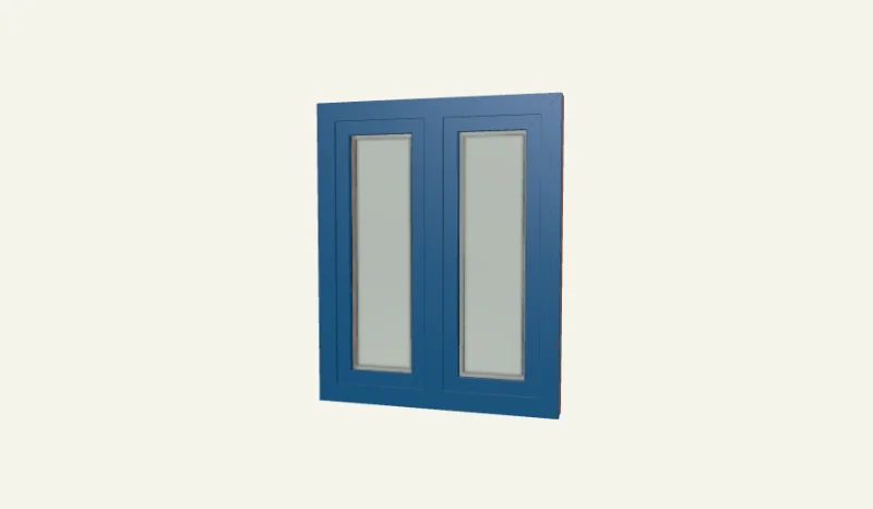 3D-Gestaltung aus dem Fensterkonfigurator: zweiflügeliges Holz-Aluminium-Fenster mit blauer Außenschale