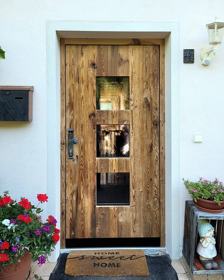 Montierte Altholz-Haustür von Doors mit rustikaler Holzoberfläche und Glasausschnitten