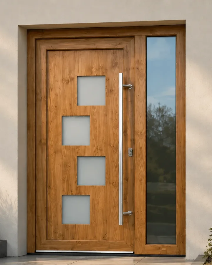 Kunststoffhaustür in Golden Oak mit Glasausschnitten, Seitenteil und Edelstahl-Stangengriff